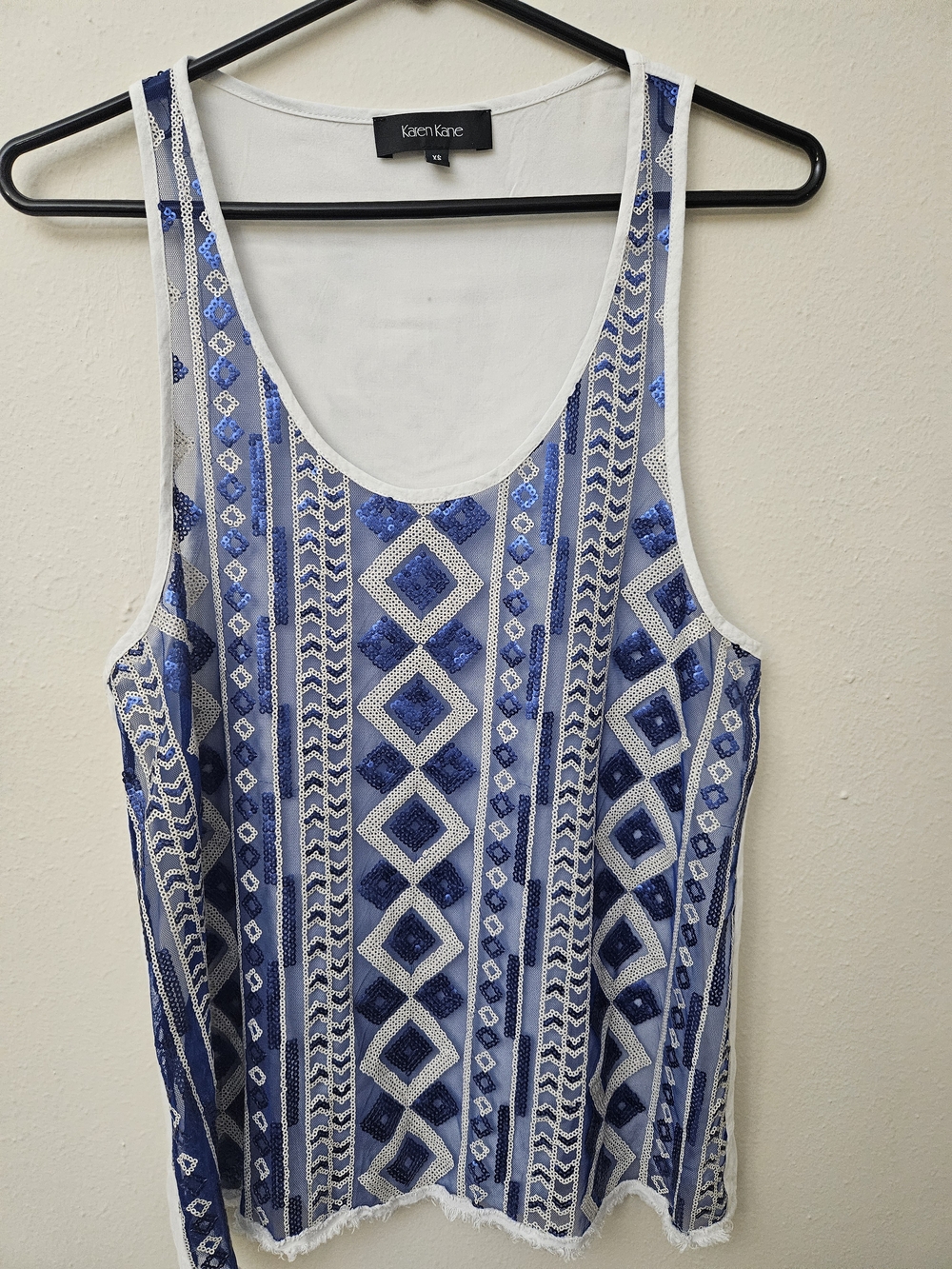 Karen Kane White and Blue Sequined Geometric Tank Top